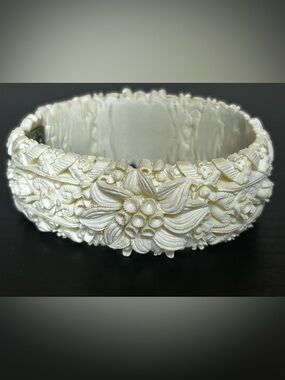 Carved Floral Celluloid Bangle Bracelet in Cream